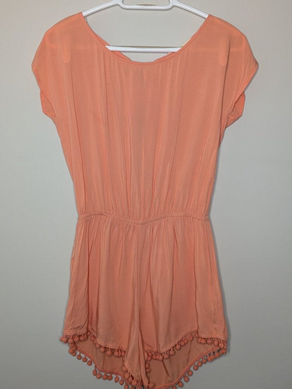 UO Staring at Stars Coral Pompom Tassel Romper Size S